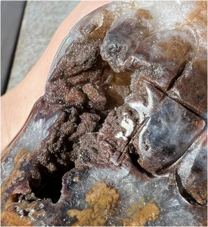 Stunning LifeSize AMETHYST GEODE Crystal Skull with Lots of Hematite, Vugs, Mesmerizing Crystalline Structure