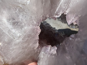 Stunning LifeSize AMETHYST GEODE Crystal Skull with Lots of Hematite, Vugs, Mesmerizing Crystalline Structure
