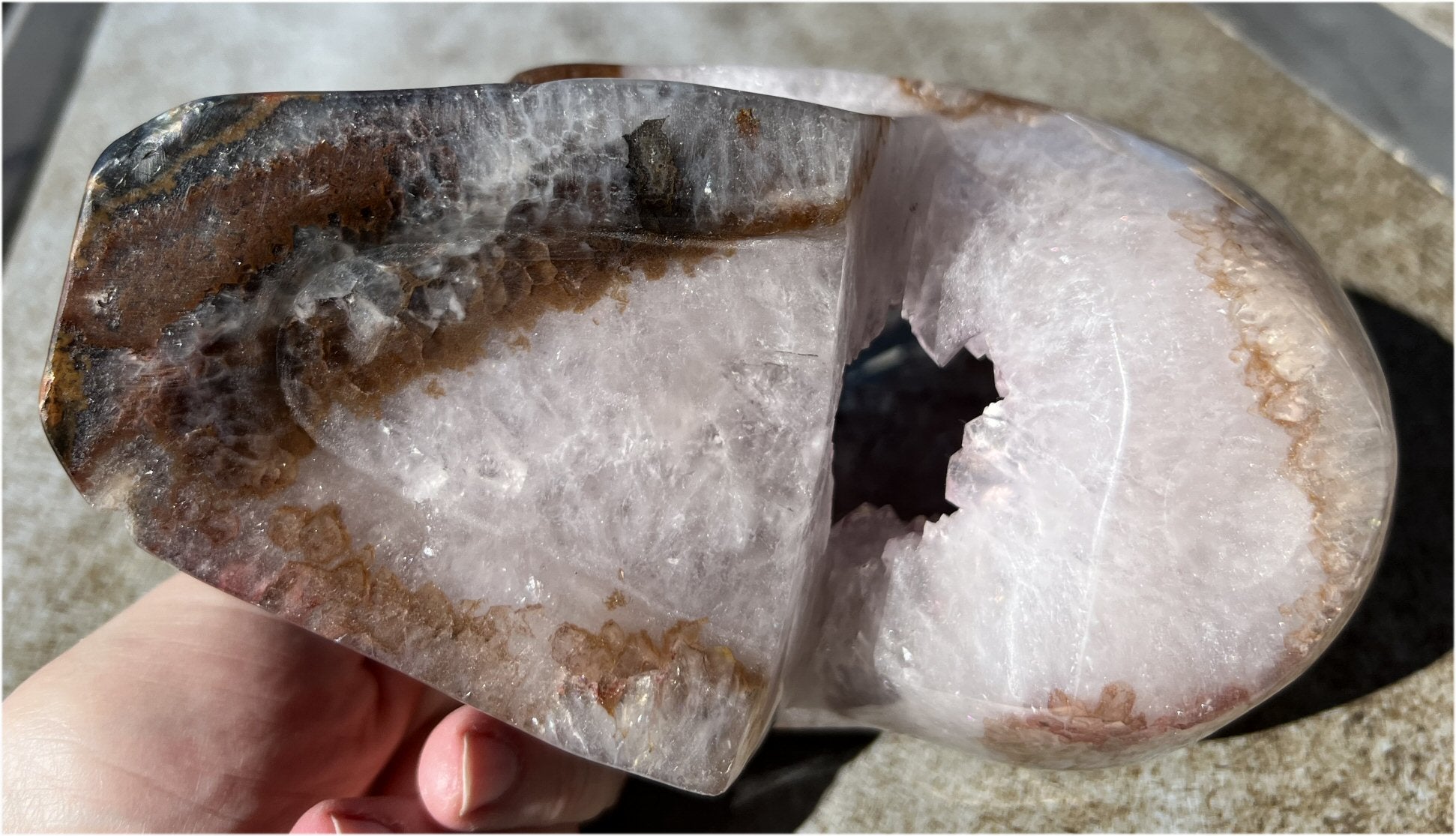 Stunning LifeSize AMETHYST GEODE Crystal Skull with Lots of Hematite, Vugs, Mesmerizing Crystalline Structure