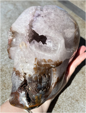 Stunning LifeSize AMETHYST GEODE Crystal Skull with Lots of Hematite, Vugs, Mesmerizing Crystalline Structure