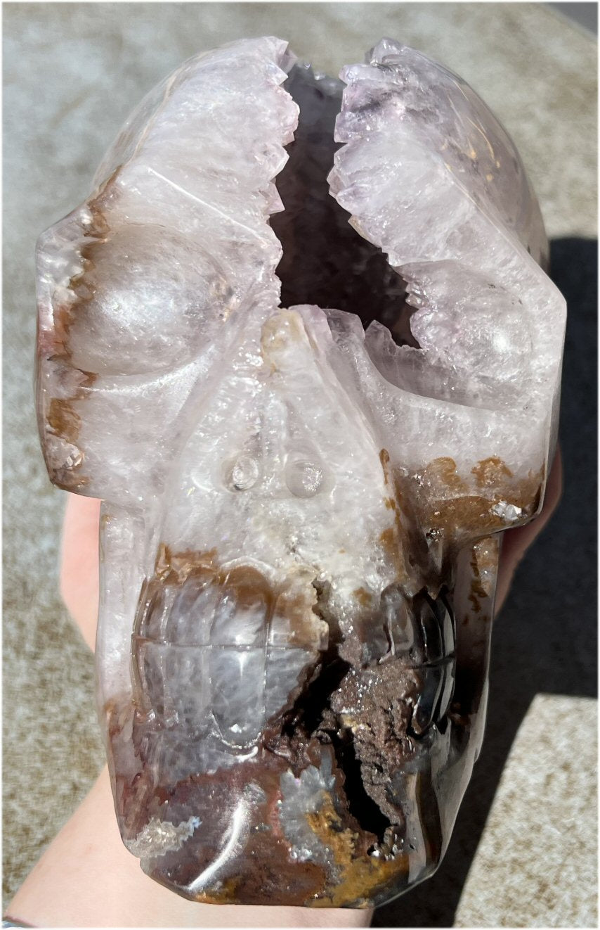 Stunning LifeSize AMETHYST GEODE Crystal Skull with Lots of Hematite, Vugs, Mesmerizing Crystalline Structure