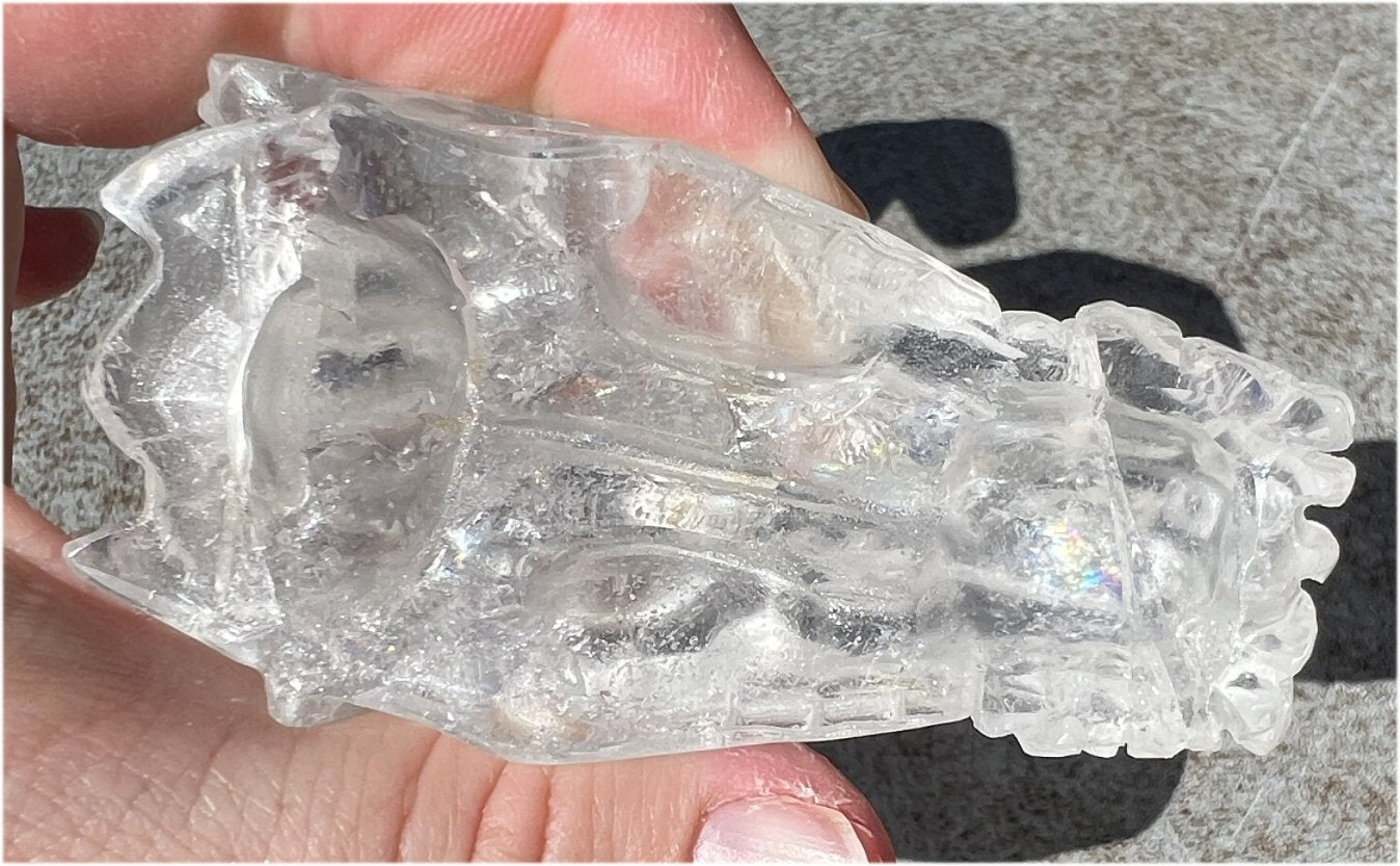 Quartz Dragon Crystal Skull with Tiny Golden Healer Hematite, Rainbows - Focus, Transformation