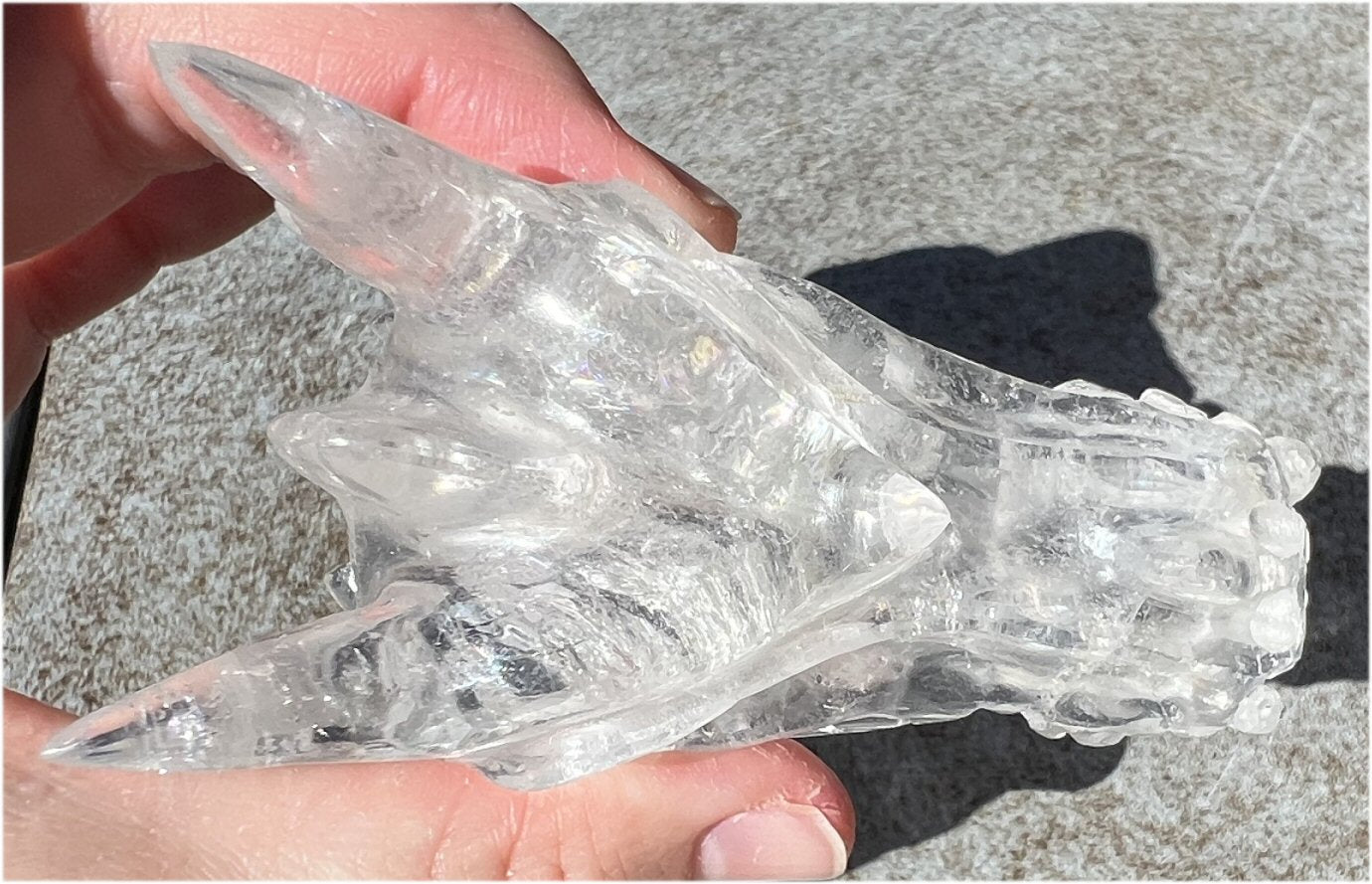 Quartz Dragon Crystal Skull with Tiny Golden Healer Hematite, Rainbows - Focus, Transformation