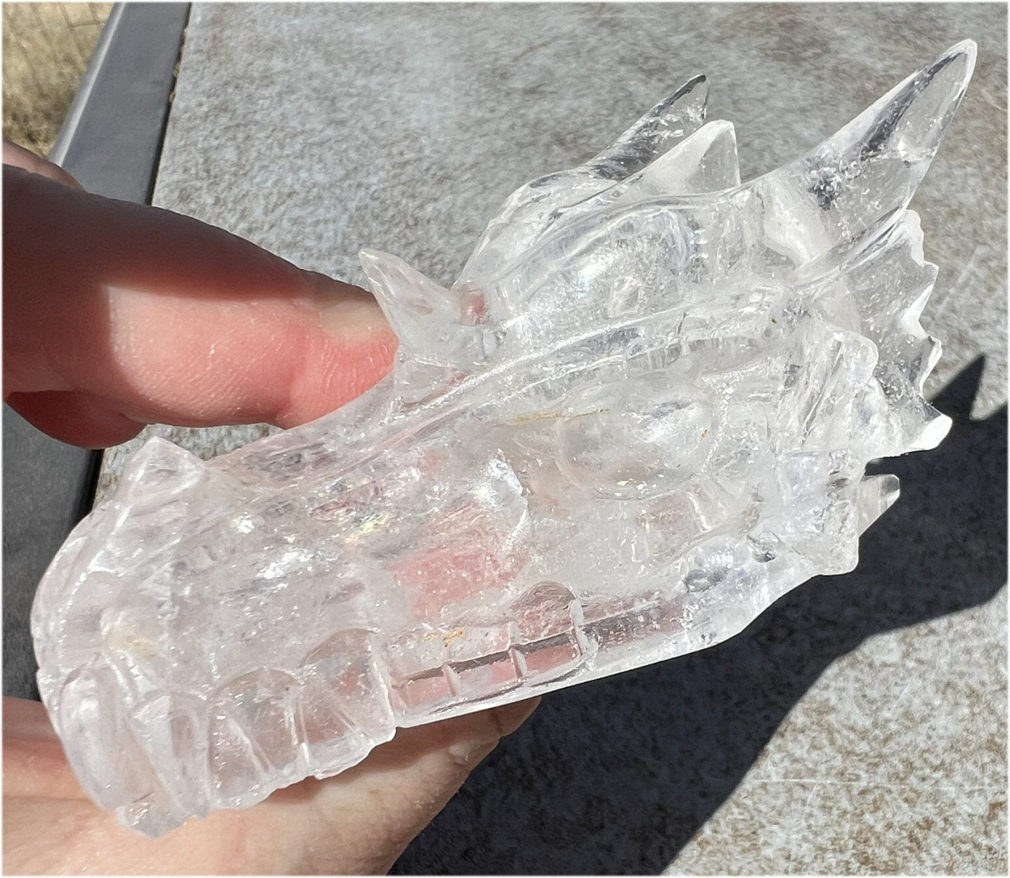 Quartz Dragon Crystal Skull with Tiny Golden Healer Hematite, Rainbows - Focus, Transformation