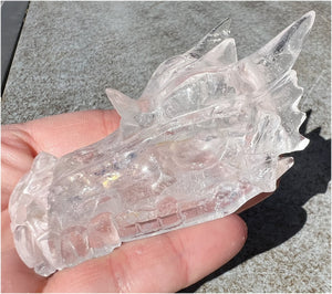 Quartz Dragon Crystal Skull with Tiny Golden Healer Hematite, Rainbows - Focus, Transformation