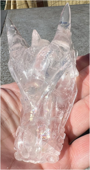 Quartz Dragon Crystal Skull with Tiny Golden Healer Hematite, Rainbows - Focus, Transformation