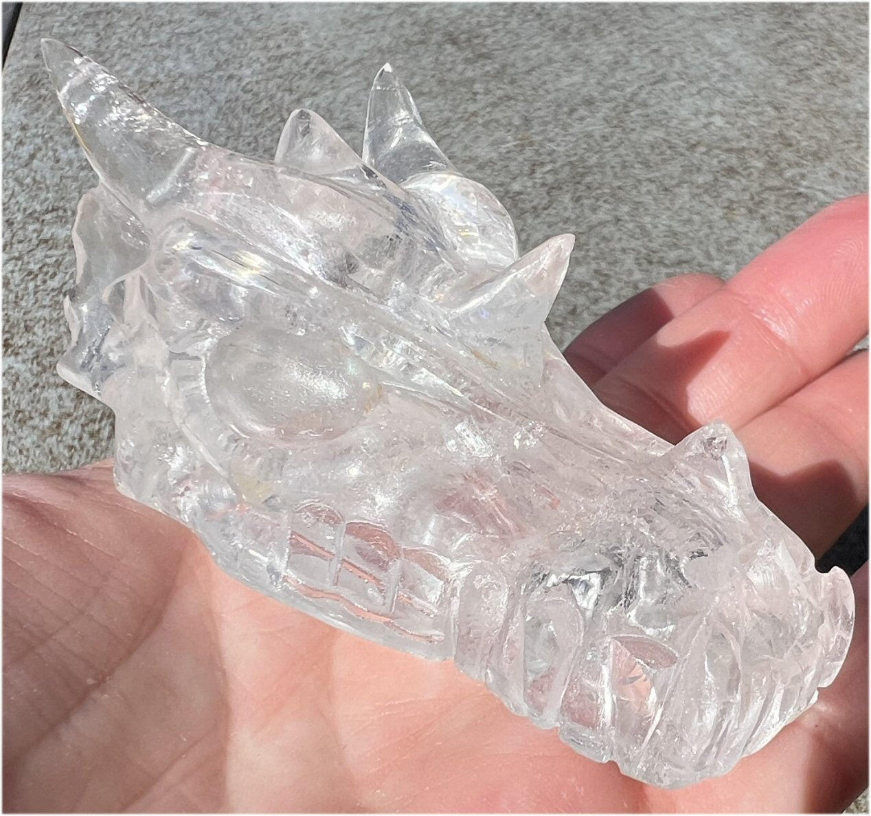 Quartz Dragon Crystal Skull with Tiny Golden Healer Hematite, Rainbows - Focus, Transformation