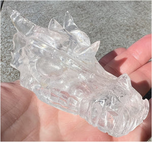 Quartz Dragon Crystal Skull with Tiny Golden Healer Hematite, Rainbows - Focus, Transformation