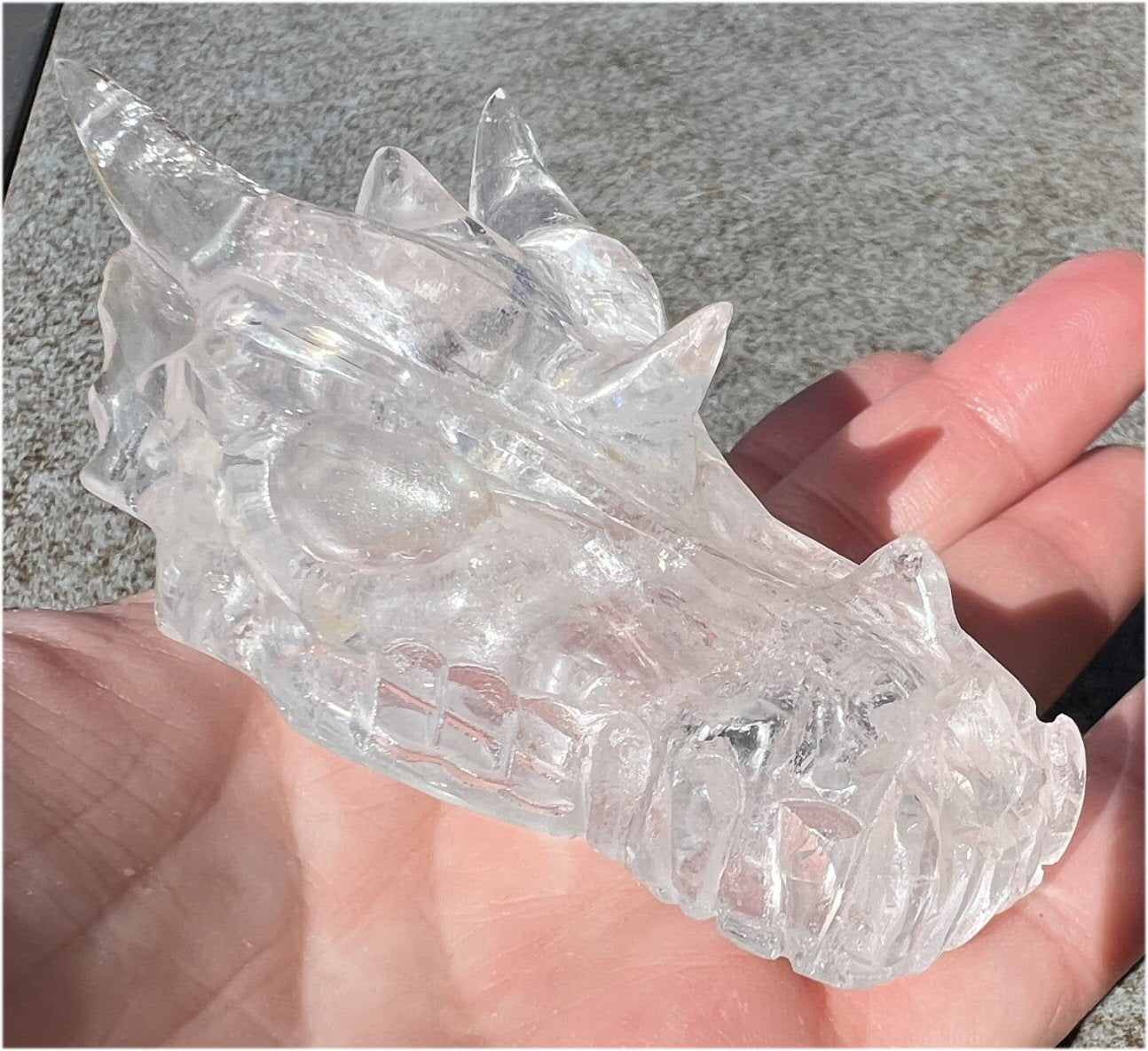 Quartz Dragon Crystal Skull with Tiny Golden Healer Hematite, Rainbows - Focus, Transformation