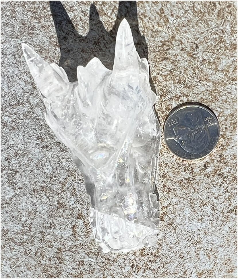 Quartz Dragon Crystal Skull with Tiny Golden Healer Hematite, Rainbows - Focus, Transformation