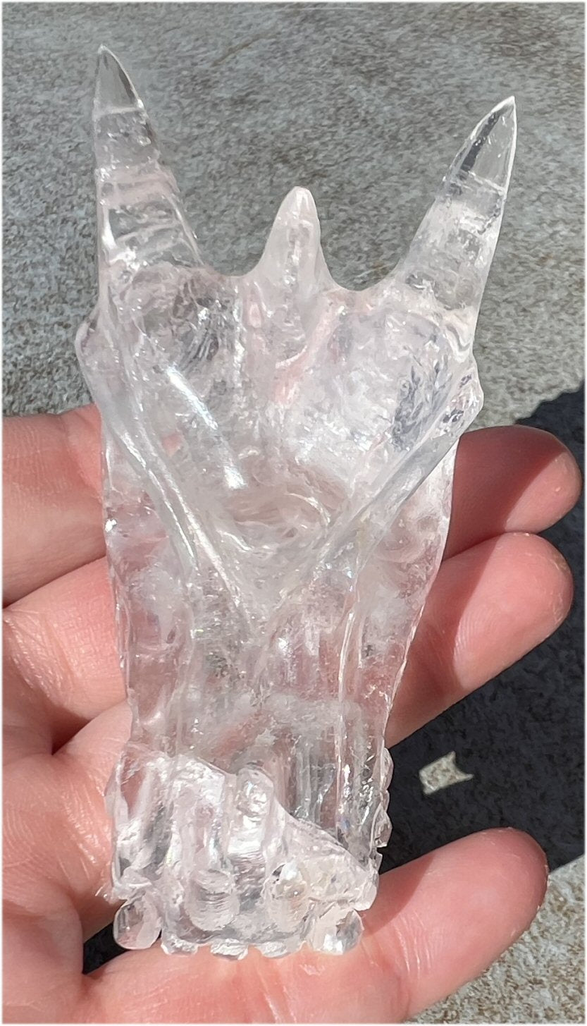 Quartz Dragon Crystal Skull with Tiny Golden Healer Hematite, Rainbows - Focus, Transformation