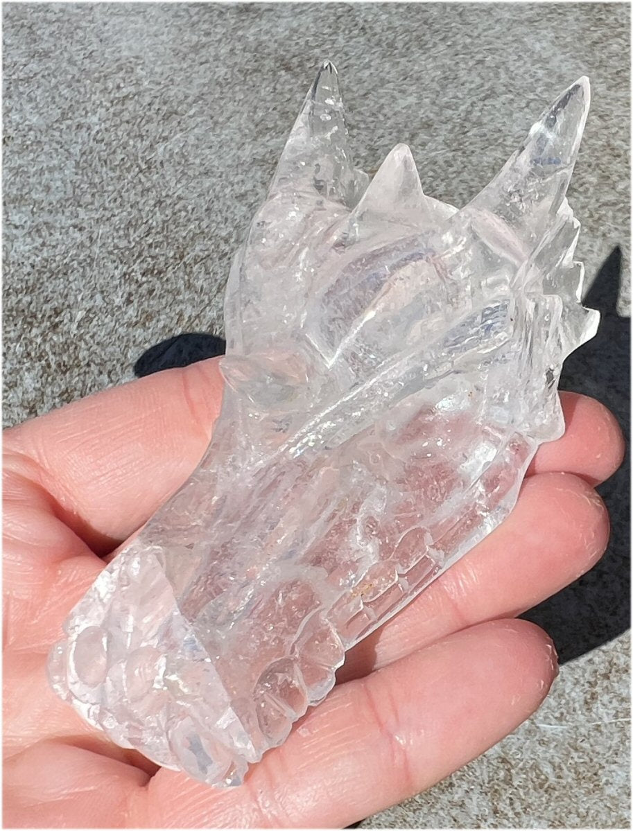 Quartz Dragon Crystal Skull with Tiny Golden Healer Hematite, Rainbows - Focus, Transformation