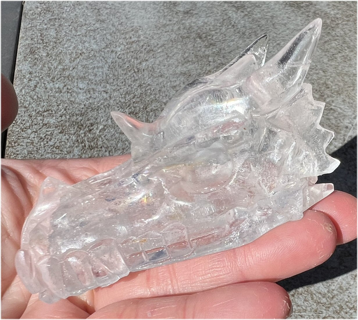 Quartz Dragon Crystal Skull with Tiny Golden Healer Hematite, Rainbows - Focus, Transformation