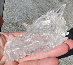 Quartz Dragon Crystal Skull with Tiny Golden Healer Hematite, Rainbows - Focus, Transformation