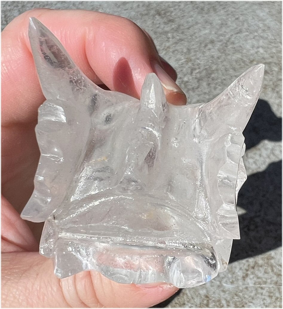 Quartz Dragon Crystal Skull with Tiny Golden Healer Hematite, Rainbows - Focus, Transformation