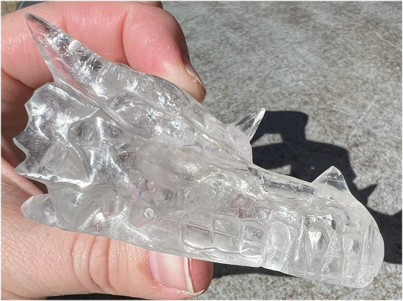 Quartz Dragon Crystal Skull with Tiny Golden Healer Hematite, Rainbows - Focus, Transformation