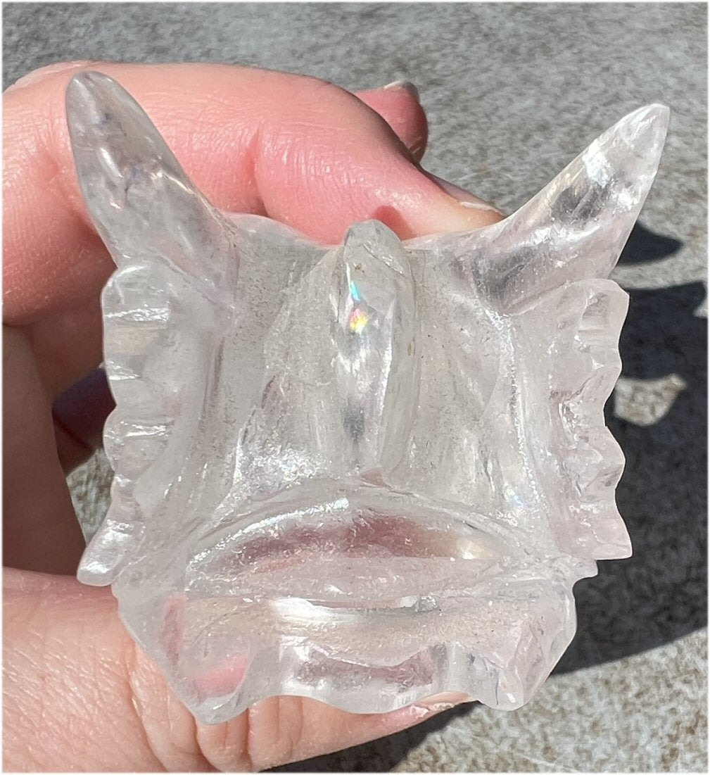 Quartz DRAGON Crystal Skull with Shimmery Rainbows - Focus, Transformation