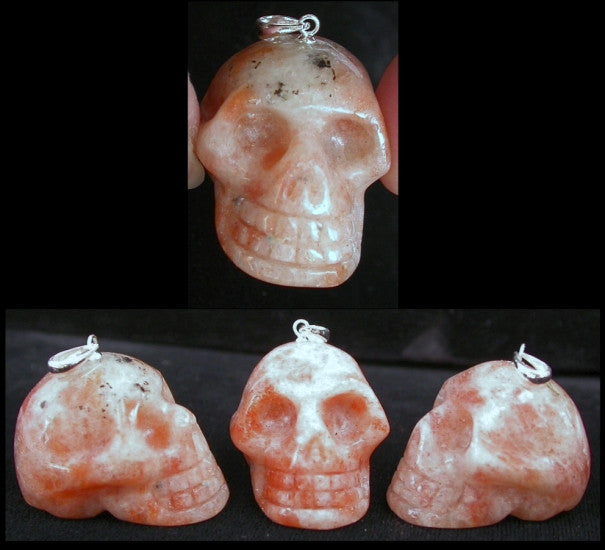 Small SUNSTONE Crystal Skull Pendant - Sterling Silver bale!
